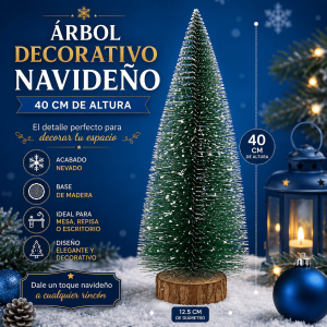 Árbol decorativo navideño de 40 cm con acabado nevado y base de madera. Ideal para mesas, escritorios, repisas y decoración navideña.
