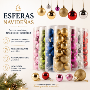 Esferas navideñas decorativas de colores surtidos con acabado brillante y glitter. Ideales para árboles, guirnaldas, coronas y decoración navideña.