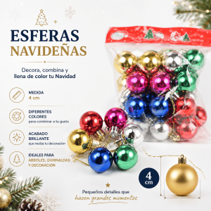 Esferas navideñas decorativas de 4 cm en colores surtidos, con acabado brillante. Ideales para árboles, guirnaldas, coronas y decoración navideña.