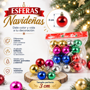 Esferas navideñas decorativas de 3 cm en colores surtidos, con acabado brillante. Ideales para árboles, guirnaldas, coronas y decoración navideña.
