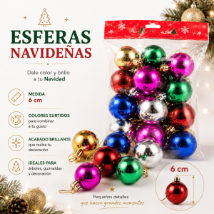 Esferas navideñas decorativas de 6 cm en colores surtidos, con acabado brillante. Ideales para árboles, guirnaldas, coronas y decoración navideña.