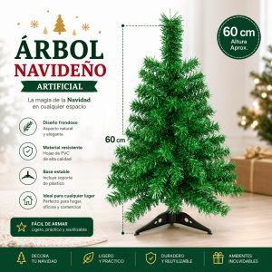Árbol navideño artificial de 60 cm con diseño frondoso y base estable. Ideal para hogar, oficina, negocio y decoración navideña.
