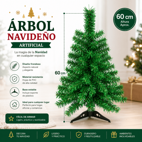 Árbol navideño artificial de 60 cm con diseño frondoso y base estable. Ideal para hogar, oficina, negocio y decoración navideña. Árbol navideño artificial de 60 cm con diseño frondoso y base estable. Ideal para hogar, oficina, negocio y decoración navideña.
