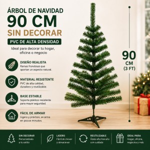 Árbol navideño artificial de 90 cm con diseño frondoso y base estable. Ideal para hogar, oficina, negocio y decoración navideña.