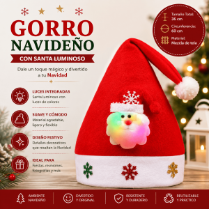 Gorro navideño rojo con Santa luminoso, ideal para fiestas, reuniones, posadas, eventos y decoración navideña. Diseño festivo y divertido. Por mayoreo 