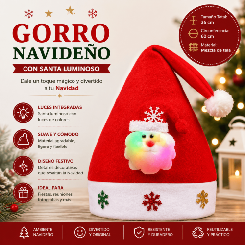 Gorro navideño rojo con Santa luminoso, ideal para fiestas, reuniones, posadas, eventos y decoración navideña. Diseño festivo y divertido. Por mayoreo Gorro navideño rojo con Santa luminoso, ideal para fiestas, reuniones, posadas, eventos y decoración navideña. Diseño festivo y divertido. Por mayoreo
