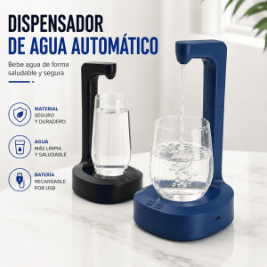 Dispensador automático de agua con batería recargable USB, diseño moderno y fácil operación. Ideal para garrafones de agua en hogar y oficina. Venta por mayoreo.