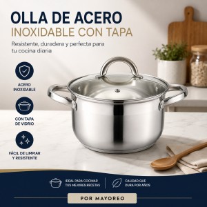 Olla de acero inoxidable con tapa de vidrio y asas laterales, ideal para complementar la línea de utensilios de cocina y hogar.
