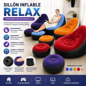 Sillón inflable relax con otomano, cómodo, ligero y portátil. Ideal para descanso, lectura, TV, sala de juegos e interiores por mayoreo.