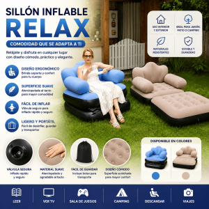 Sillón inflable relax con reposapiés, cómodo, portátil y fácil de inflar. Ideal para jardín, patio, camping, interior y exterior por mayoreo.