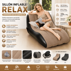 Sillón inflable relax de 138 x 78 x 66 cm con bomba de pie incluida. Cómodo, portátil y fácil de guardar para casa, jardín o camping por mayoreo.
