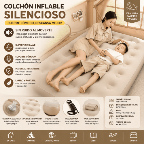 Colchón inflable silencioso y portátil con bomba de pie incluida. Ideal para camping, viajes, casa, descanso y dormir por mayoreo.