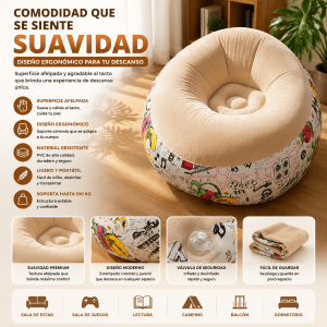 Sillón inflable redondo con textura afelpada, cómodo, ligero y portátil. Ideal para sala, dormitorio, lectura, camping y descanso por mayoreo.