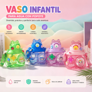 Vaso infantil con popote, tapa antiderrames y correa ajustable. Diseño resistente y práctico para escuela, paseos y uso diario. Venta por mayoreo.