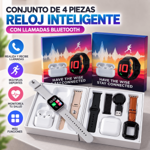 Kit de reloj inteligente con llamadas Bluetooth, audífonos inalámbricos, correas intercambiables y accesorios. Ideal para uso diario. Venta por mayoreo.