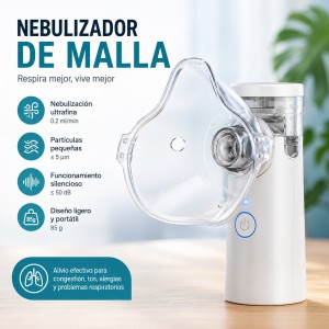 Compra nebulizador de malla portátil por mayoreo. Diseño compacto, ligero y práctico con mascarilla transparente para el cuidado respiratorio en casa o viajes.