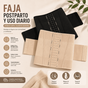 Faja postparto y uso diario con doble capa, broches ajustables y diseño cómodo. Disponible en beige y negro. Venta por mayoreo.