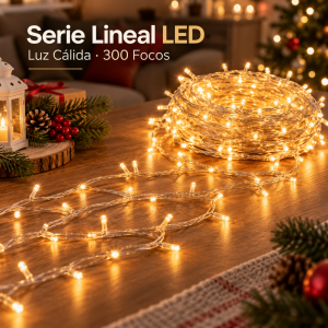 Serie lineal LED de luz cálida con 300 focos, ideal para iluminación decorativa en distintos espacios.