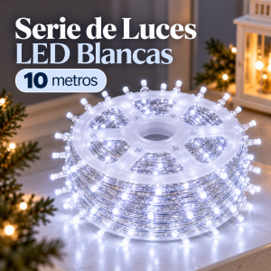Serie de luces LED blancas de 10 metros, ideal para decorar y ambientar ventanas, muros y diferentes espacios.