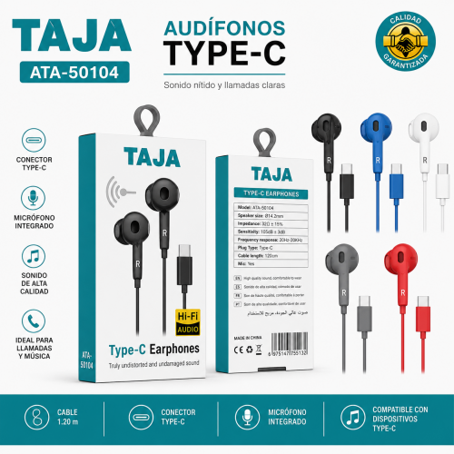 Audífonos alámbricos Type-C en colores variados. Venta por mayoreo Audífonos alámbricos Type-C en colores variados. Venta por mayoreo