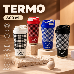 Terrmo de 600 ml con Tapa y Asa – Diseño Moderno a Cuadros