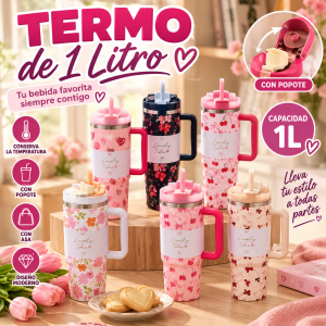 Termo Térmico de 1 Litro con Asa, Tapa y Popote – Hermosos Diseños deales para Bebidas y Uso Diario.