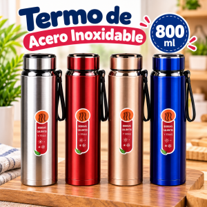 Termo de acero inoxidable de 800 ml con diseño cilíndrico, ideal para llevar bebidas durante el día.