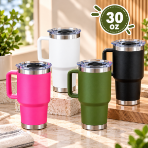 Termo de acero inoxidable con capacidad de 30 oz, ideal para llevar bebidas durante el día.