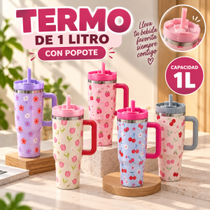 Termo Térmico de 1 Litro con Asa, Tapa y Popote – Encantadora Colección Diseñados para Combinar Practicidad, Comodidad y Estilo.