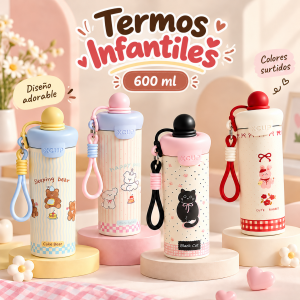 Termo Infantil de 600 ml con Tapa y Correa – Diseños de Animalitos