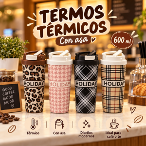 Termo Térmico Holiday 600 ml con Tapa y Asa – Diseños modernos de cuadros e ideal para café, té y bebidas favoritas.