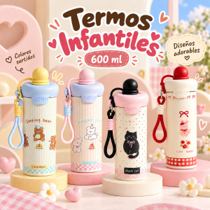 Termo Infantil de 600 ml con, Tapa, Correa y Popote – Diseños de Animalitos 
