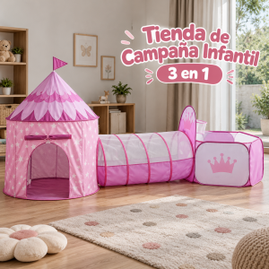 Tienda de campaña infantil 3 en 1 con carpa, túnel y área de juego, ideal para juegos infantiles.