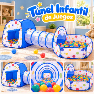 Túnel infantil de juegos con carpa y área de pelotas, ideal para espacios de juego infantiles.