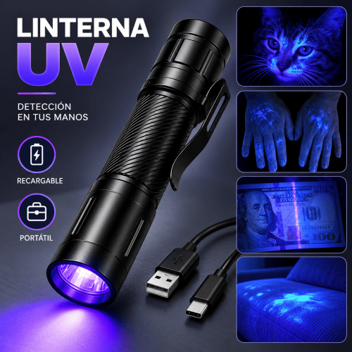 Linterna UV recargable con diseño compacto, cuerpo metálico y cable USB. Ideal para inspección, detección y uso diario. Disponible por mayoreo.