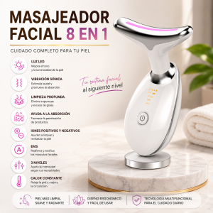 Masajeador facial 8 en 1 con luz LED, vibración sónica, EMS, calor constante y niveles ajustables. Ideal para rutinas de cuidado facial. Venta por mayoreo.