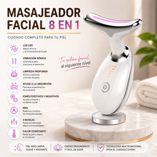 Masajeador facial 8 en 1 con luz LED, vibración sónica, EMS, calor constante y niveles ajustables. Ideal para rutinas de cuidado facial. Venta por mayoreo.