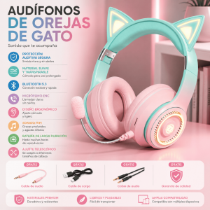 Audífonos Bluetooth con orejas de gato, micrófono, luz LED, ajuste cómodo y diseño plegable. Ideales para música, llamadas y uso diario. Venta por mayoreo.