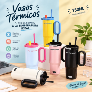 Vaso Térmico de 750 ml con Asa, Tapa y Popote. Diseños modernos y gran capacidad.