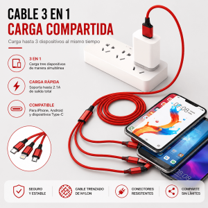 Cable USB 3 en 1 con carga rápida, diseño trenzado de alta resistencia y compatibilidad con múltiples dispositivos. Venta por mayoreo.