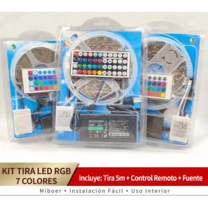 Kit Tira LED RGB 7 Colores 5 Metros - Miboer - Incluye Tira + Control Remoto 44 Teclas + Fuente 12V - Instalación Fácil