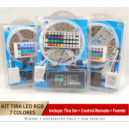 Kit Tira LED RGB 7 Colores 5 Metros - Miboer - Incluye Tira + Control Remoto 44 Teclas + Fuente 12V - Instalación Fácil