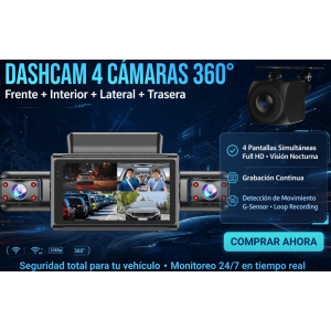 Dashcam Cámara para Carro 4 Canales 360° - Frente + Interior + Lateral + Trasera - Pantalla 3 Pulgadas - Visión Nocturna - Full HD - Grabación Continua