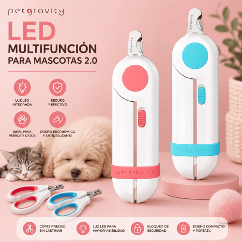 Cortaúñas LED para mascotas con luz integrada, cuchillas de acero inoxidable, diseño ergonómico y bloqueo de seguridad. Ideal para perros y gatos. Venta por mayoreo.