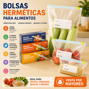 Bolsas herméticas transparentes con cierre deslizante, espacio para etiqueta y diseño reutilizable. Ideales para conservar alimentos. Venta por mayoreo.