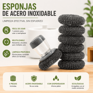 Set de esponjas de acero inoxidable con dispensador de jabón. Ideales para limpieza profunda de cocina, ollas y sartenes. Venta por mayoreo.