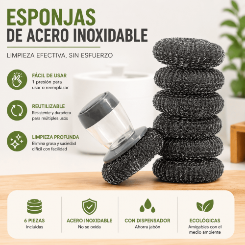 Set de esponjas de acero inoxidable con dispensador de jabón. Ideales para limpieza profunda de cocina, ollas y sartenes. Venta por mayoreo. Set de esponjas de acero inoxidable con dispensador de jabón. Ideales para limpieza profunda de cocina, ollas y sartenes. Venta por mayoreo.