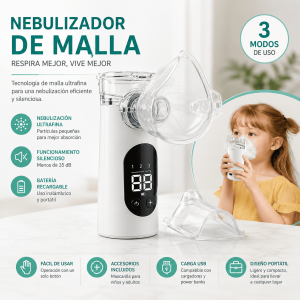 Nebulizador de malla portátil recargable por mayoreo. Diseño compacto, pantalla digital, carga USB y mascarillas incluidas para uso práctico