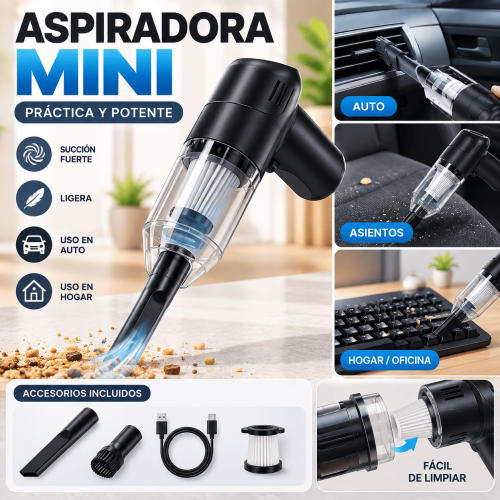 Aspiradora mini portátil con potente succión, accesorios incluidos y diseño compacto. Ideal para auto, hogar y oficina. Venta por mayoreo.