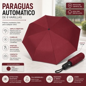 Paraguas Automático de 8 Varillas Color Vino por Mayoreo